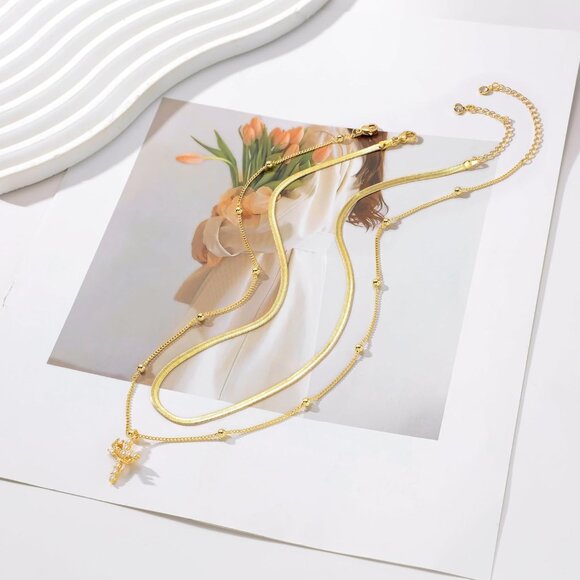 Women  Chain Set, Gold 14K Gold Plated Crown Cross Necklace - Non-Tarnish - Picture 5 of 6